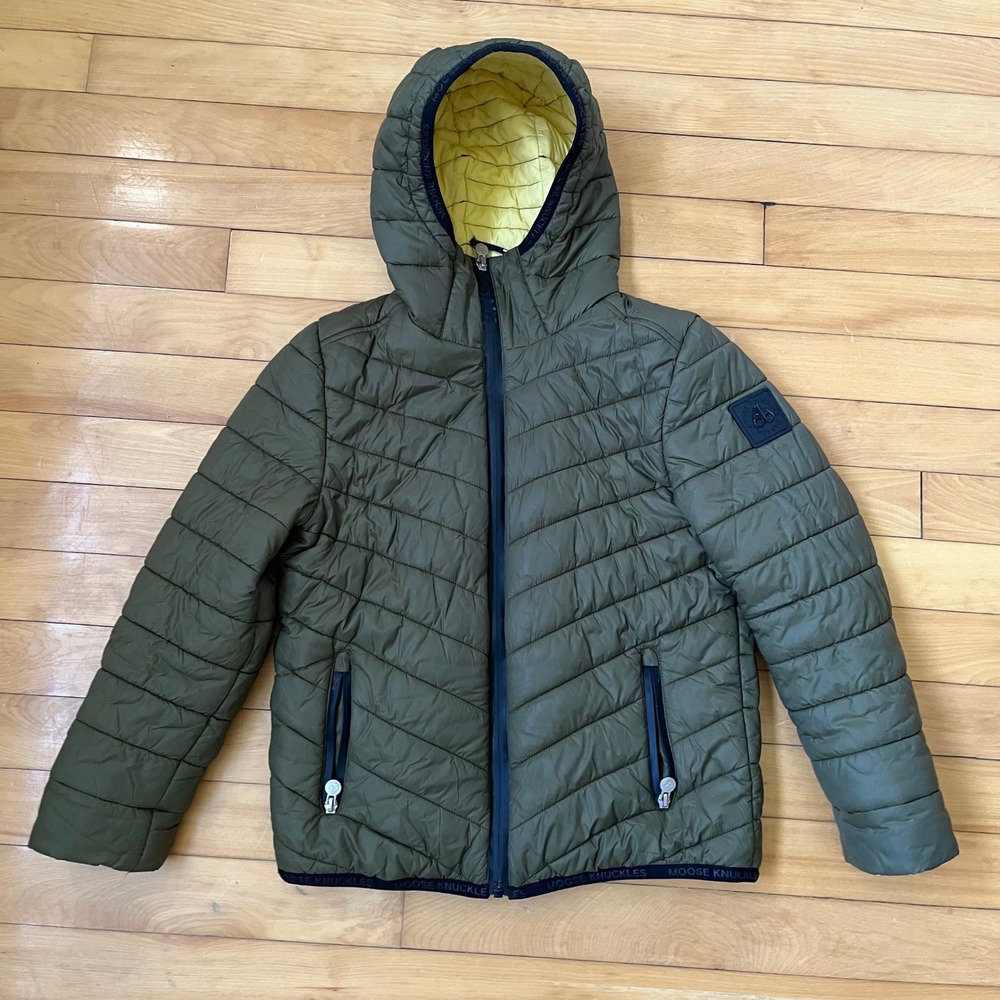 Moose Knuckles Canada Mens M Olive Green Quilted Puffer Hooded Jacket